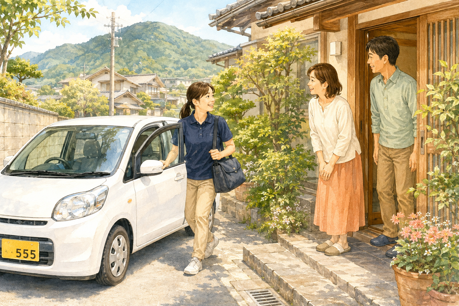 訪問看護師が車で到着し、ご自宅で温かく迎えられる様子